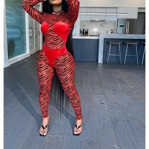 Red and Black Animal Print Jumpsuit with Stretchy Fit